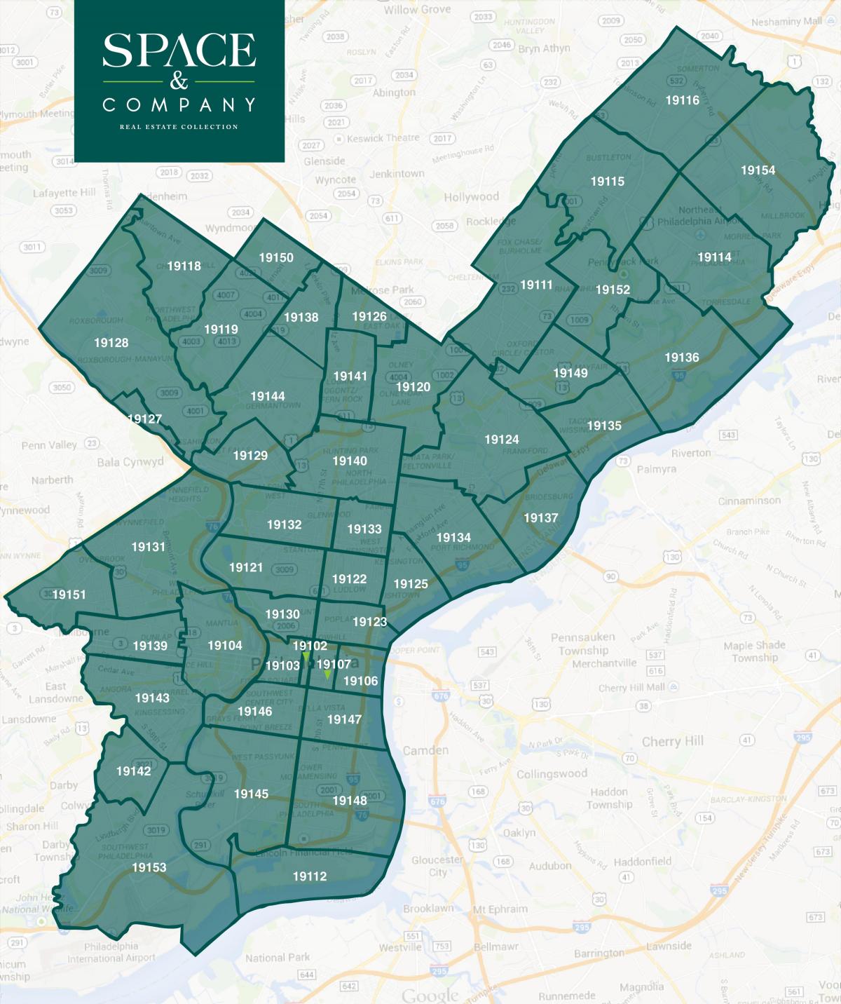 kart over Philadelphia center city postnummer