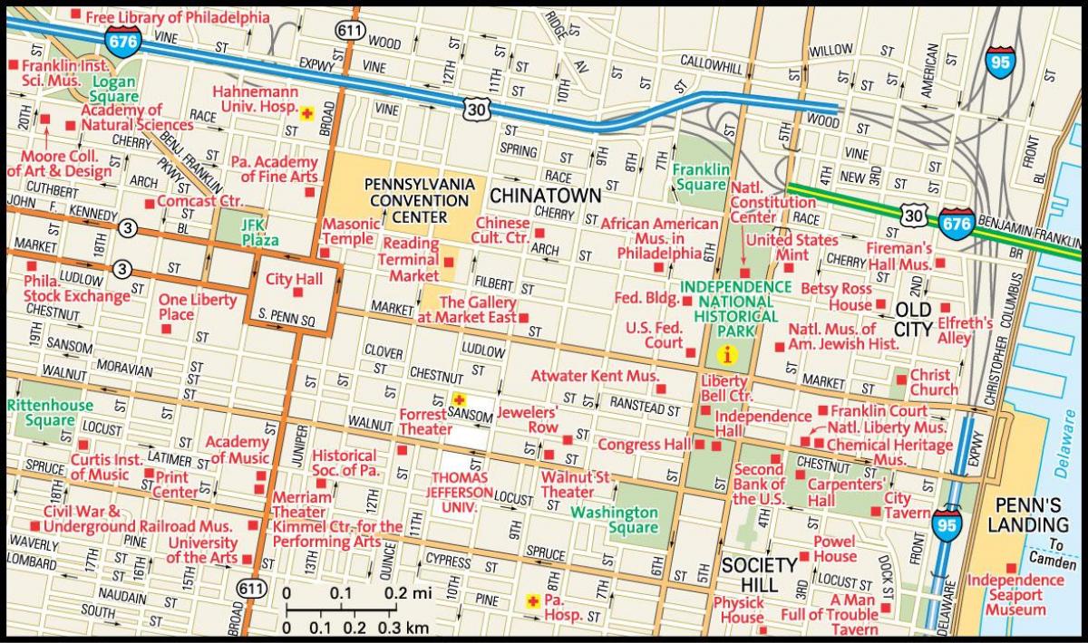 kart over Philadelphia downtown